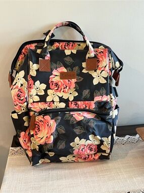 Floral Backpack Tote in Black with Pink Rose Print